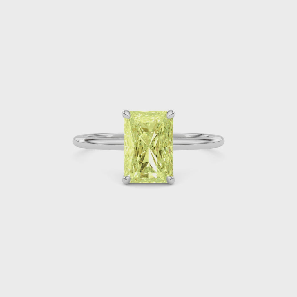 Yellow gold Fancy Yellow Radiant Cut Diamond Hidden Halo Solitaire Engagement Ring with Prong Setting