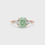 Rose gold Three-Stone Fancy Green Cushion Cut Diamond Ring with Trillion Side Stones