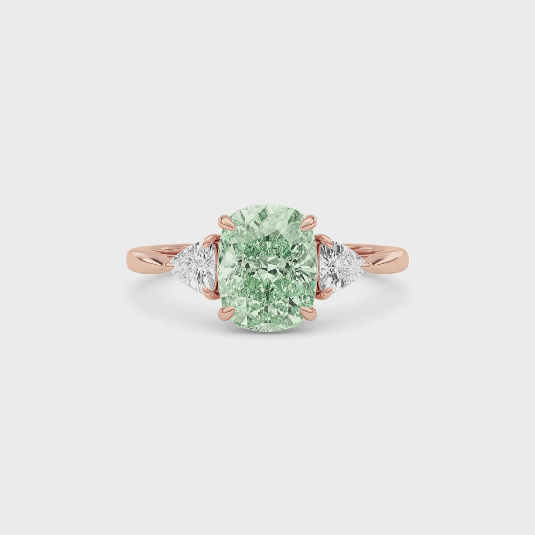 Rose gold Three-Stone Fancy Green Cushion Cut Diamond Ring with Trillion Side Stones