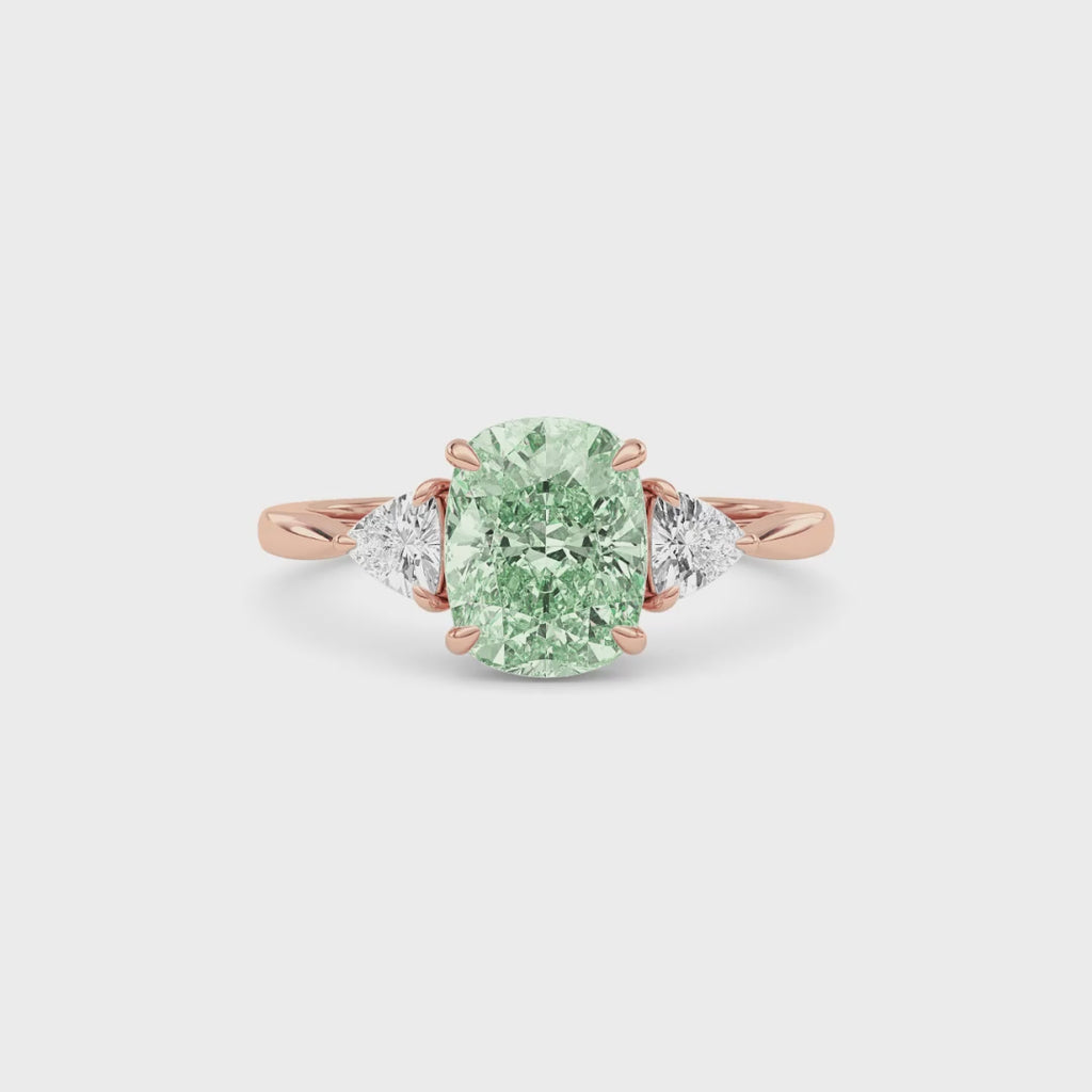 Rose gold Three-Stone Fancy Green Cushion Cut Diamond Ring with Trillion Side Stones