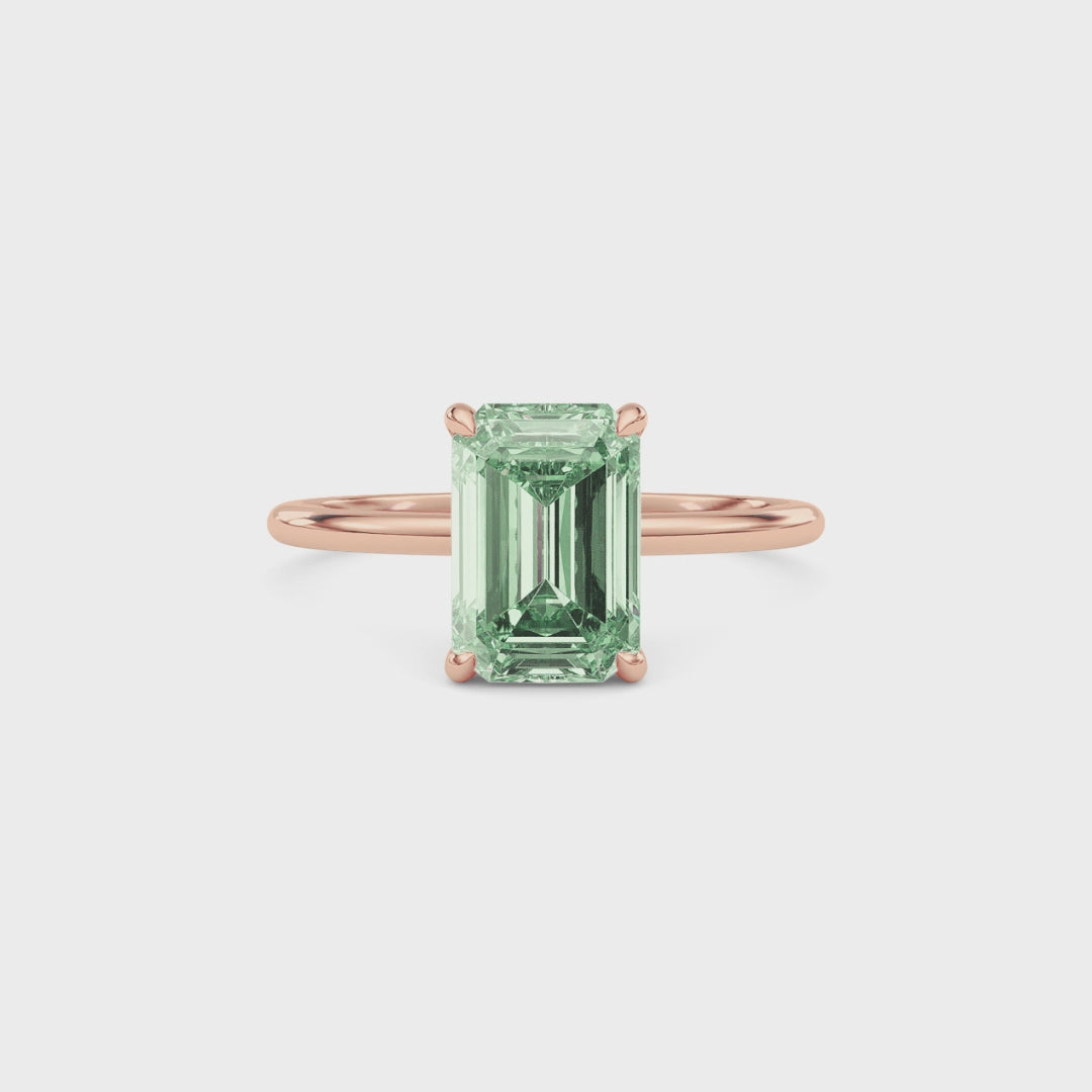Rose gold Fancy Green Emerald Cut Diamond Hidden Halo Solitaire Engagement Ring with Prong Setting