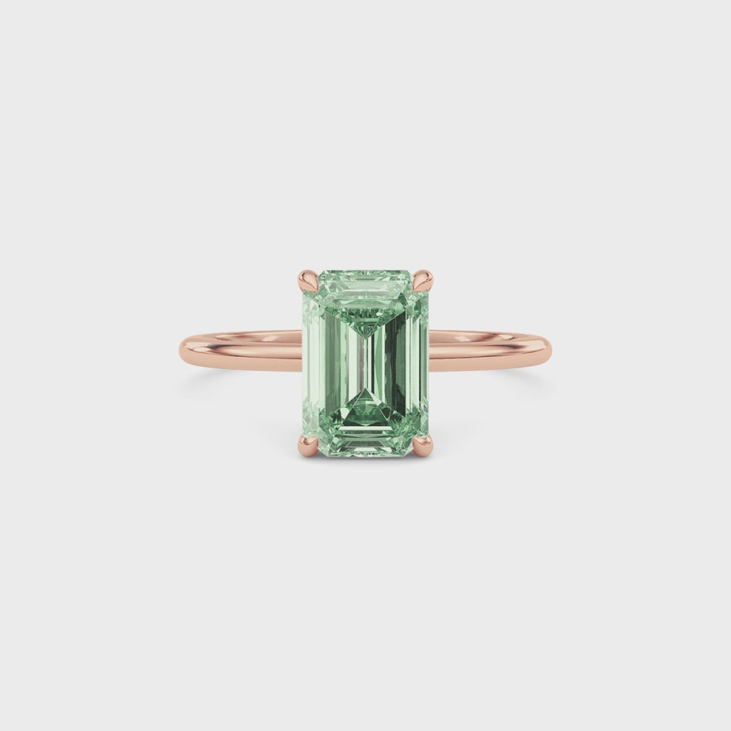 Rose gold Fancy Green Emerald Cut Diamond Hidden Halo Solitaire Engagement Ring with Prong Setting