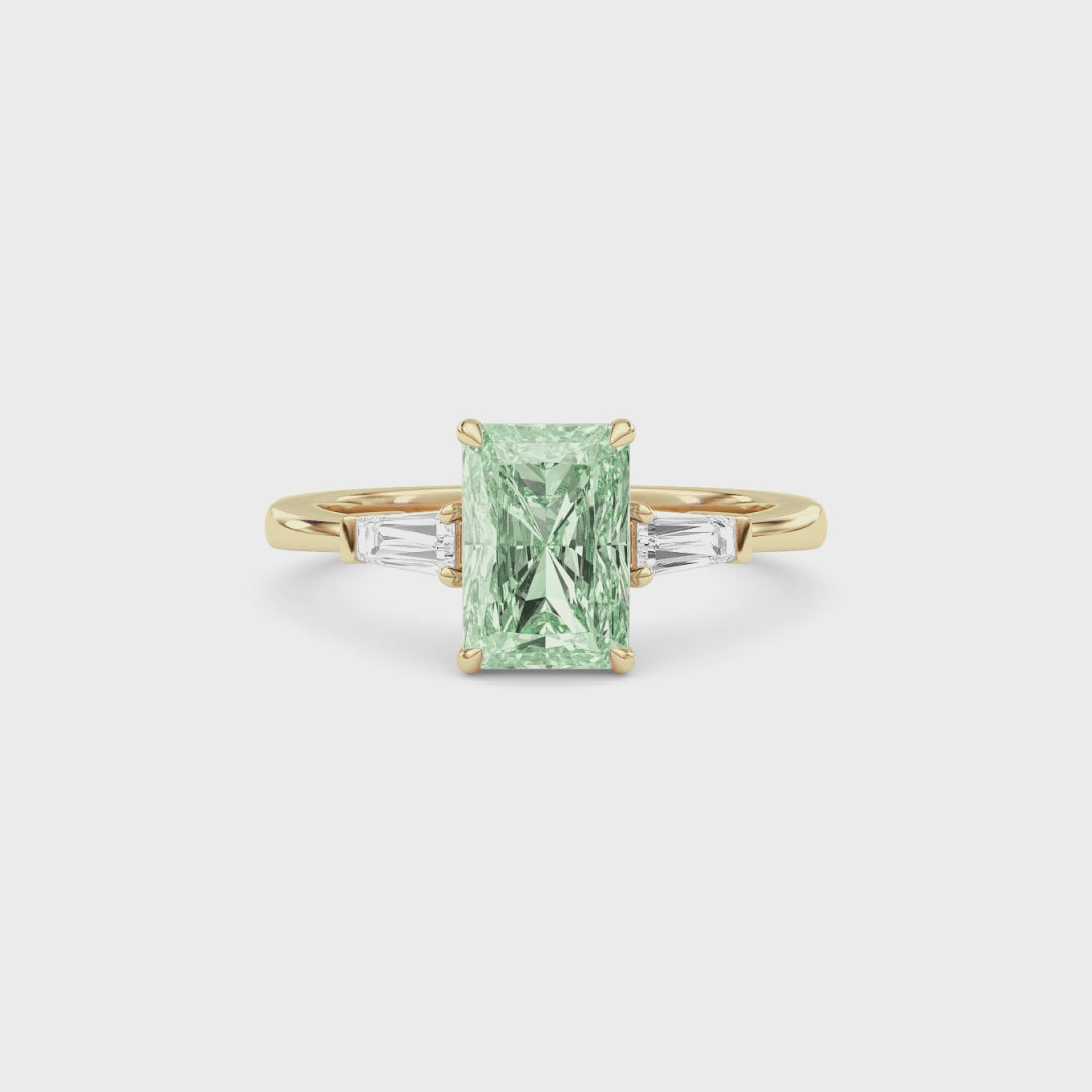 Yellow gold Three-Stone Fancy Green Radiant Cut Diamond Ring with Tapered Baguette Side Stones