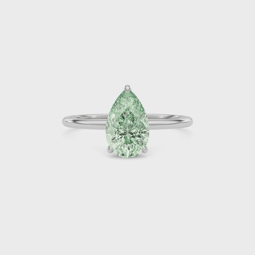 Platinum Fancy Green Pear Cut Diamond Hidden Halo Solitaire Engagement Ring with Prong Setting