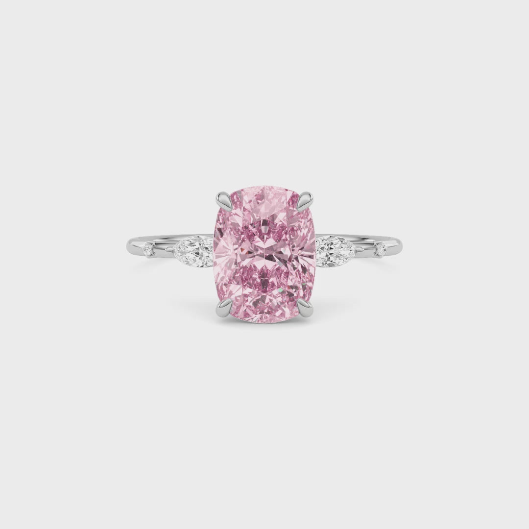 White gold Fancy Pink Cushion Cut Diamond Marquise Side Stone Engagement Ring