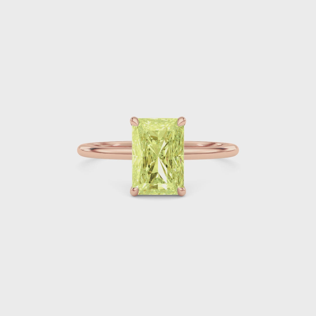 Rose gold Fancy Yellow Radiant Cut Diamond Hidden Halo Solitaire Engagement Ring with Prong Setting