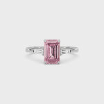 Platinum Three-Stone Fancy Pink Emerald Cut Diamond Ring with Tapered Baguette Side Stones