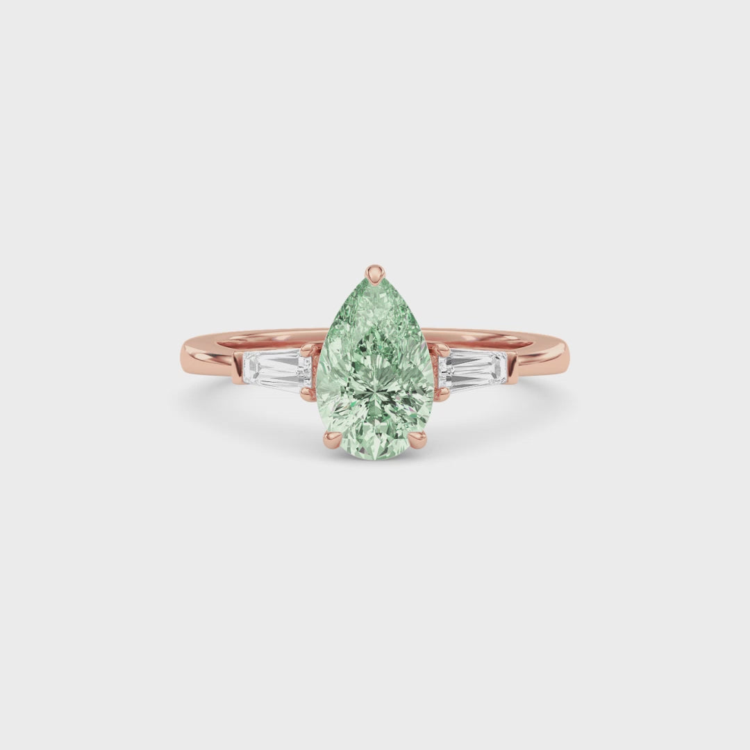 Rose gold Three-Stone Fancy Green Pear Cut Diamond Ring with Tapered Baguette Side Stones