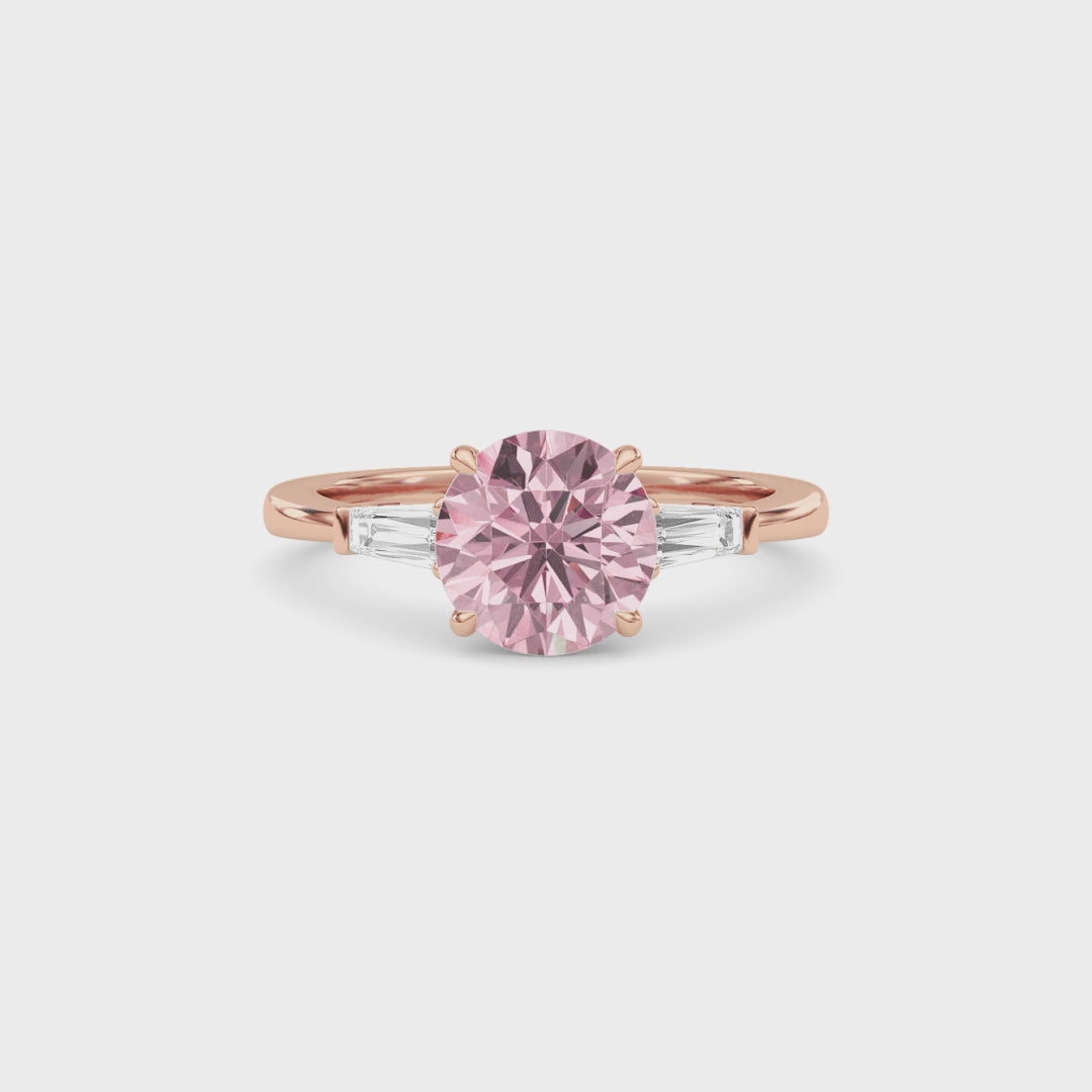Rose gold Three-Stone Fancy Pink Round Cut Diamond Ring with Tapered Baguette Side Stones