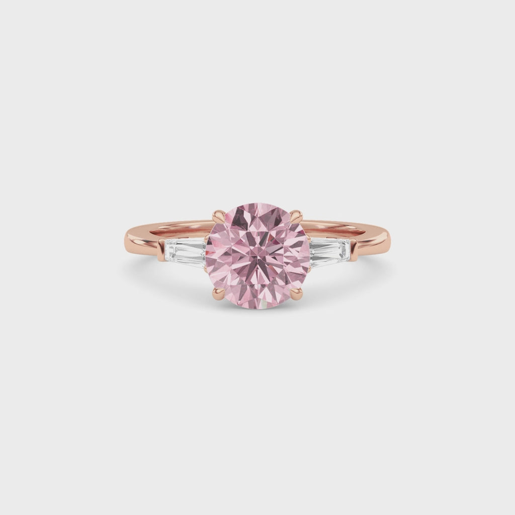 Rose gold Three-Stone Fancy Pink Round Cut Diamond Ring with Tapered Baguette Side Stones