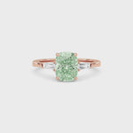 Rose gold Three-Stone Fancy Green Cushion Cut Diamond Ring with Tapered Baguette Side Stones