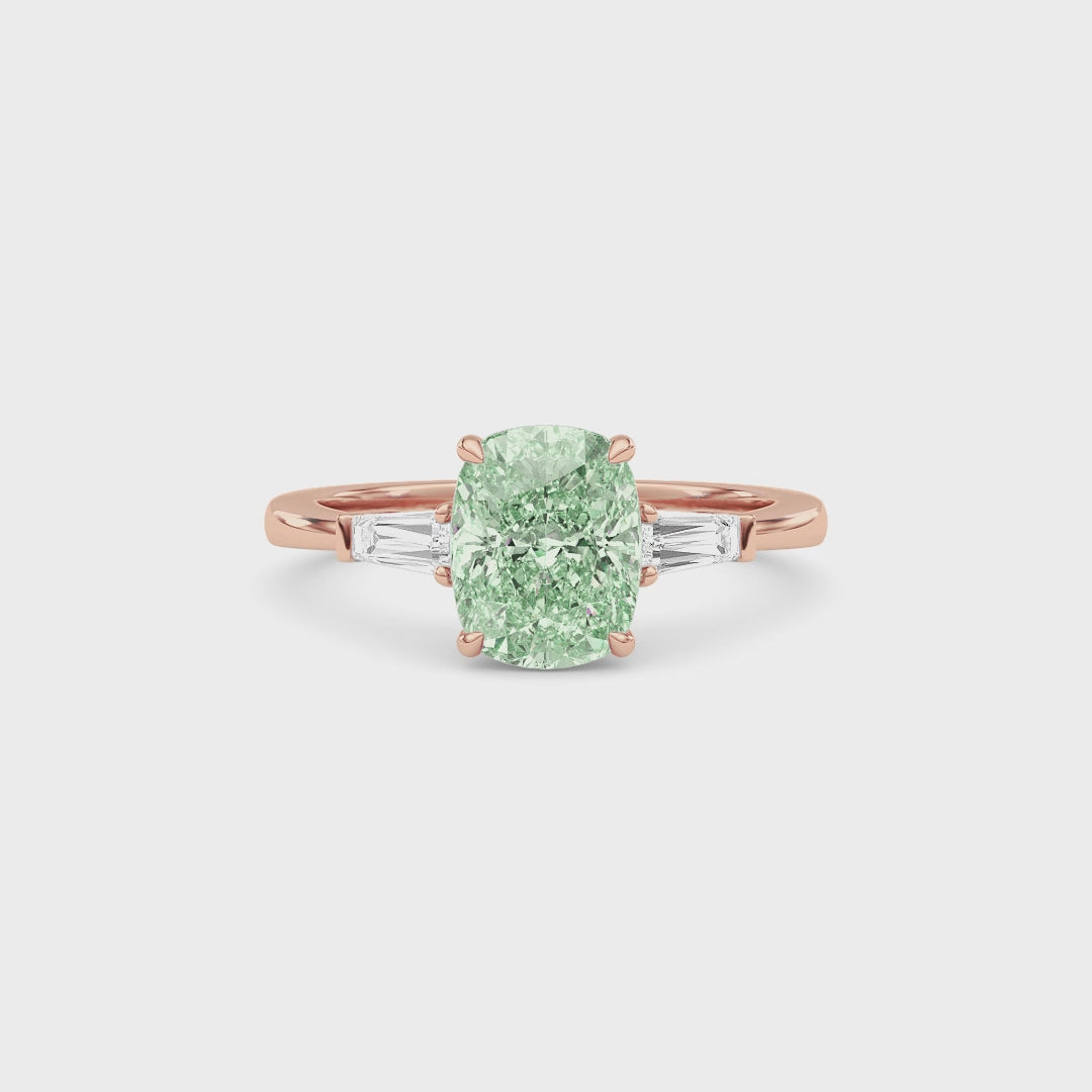 Rose gold Three-Stone Fancy Green Cushion Cut Diamond Ring with Tapered Baguette Side Stones