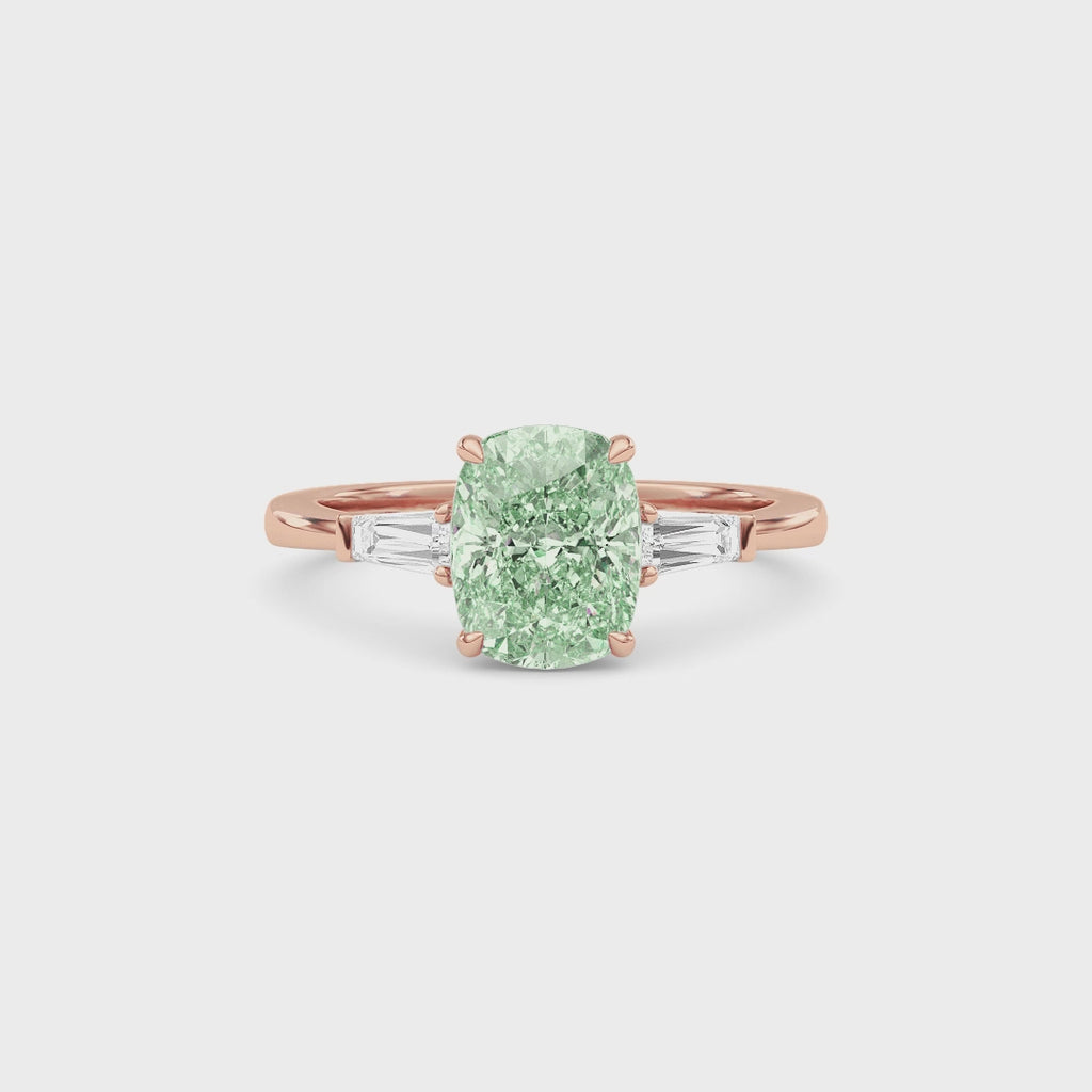 Rose gold Three-Stone Fancy Green Cushion Cut Diamond Ring with Tapered Baguette Side Stones