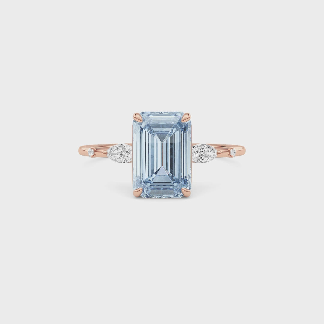 Rose gold Fancy Blue Emerald Cut Diamond Marquise Side Stone Engagement Ring