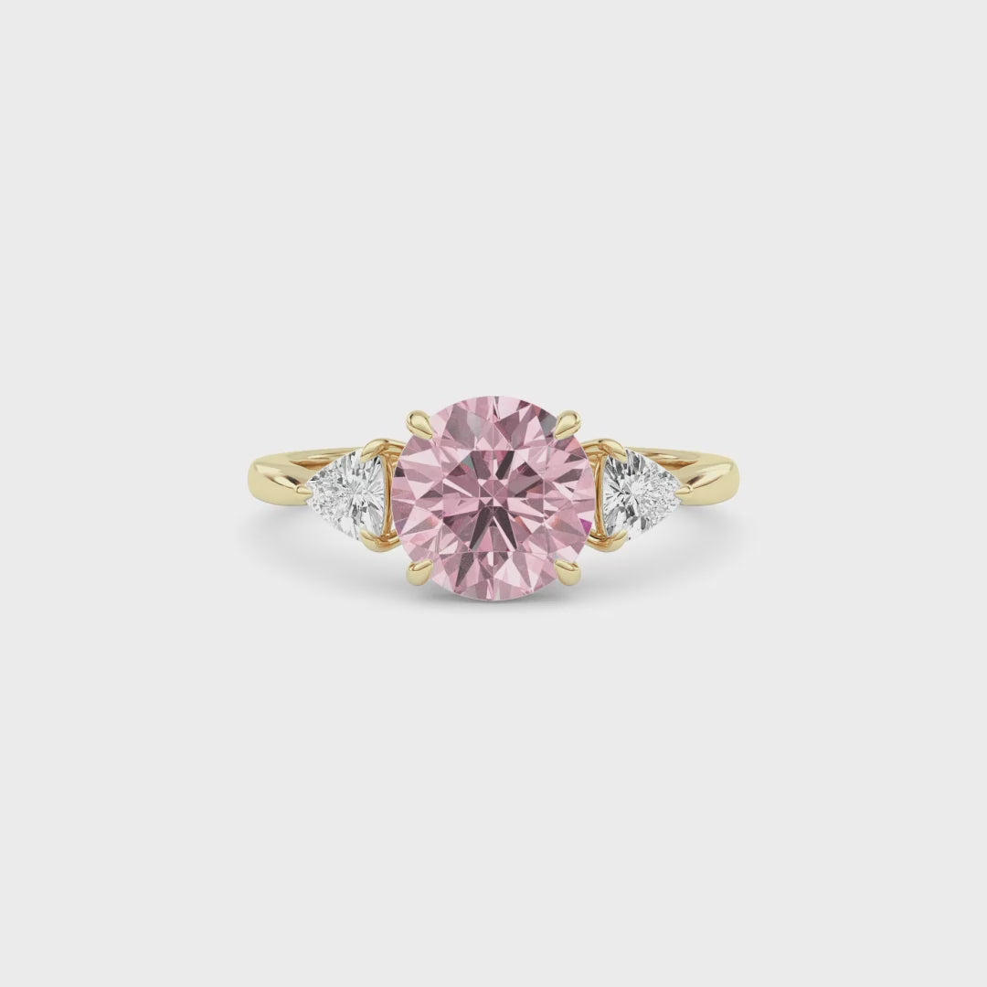 Yellow gold Three-Stone Fancy Pink Round Cut Diamond Ring with Trillion Side Stones