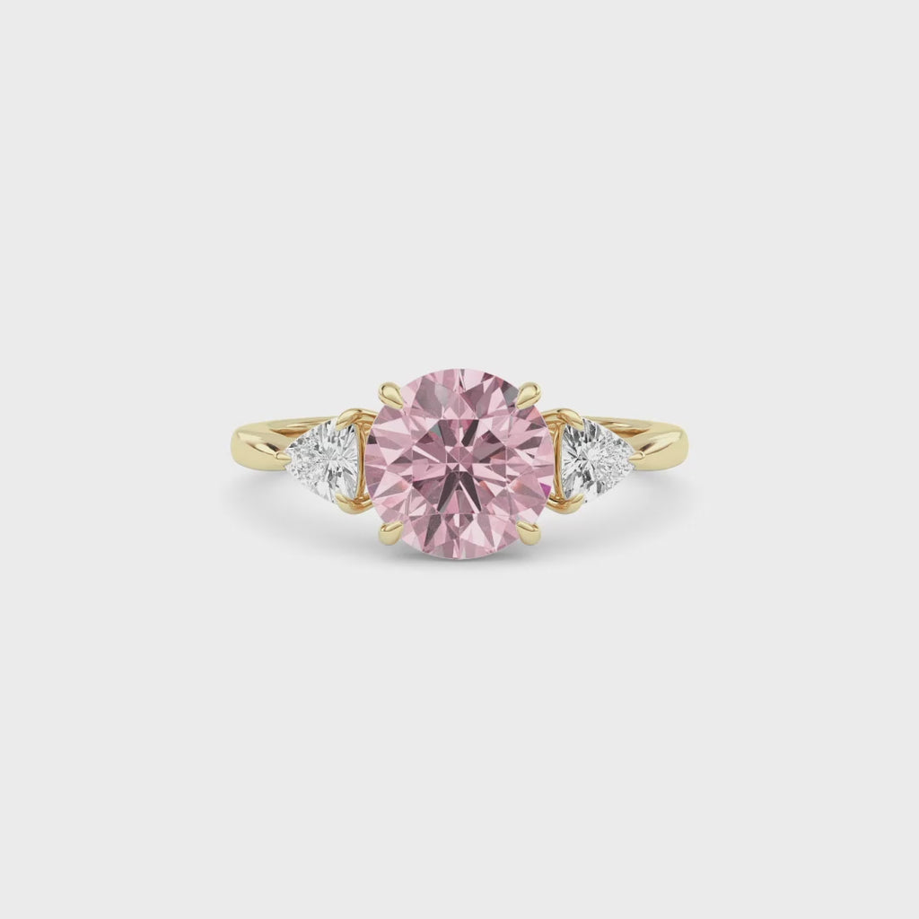 Yellow gold Three-Stone Fancy Pink Round Cut Diamond Ring with Trillion Side Stones