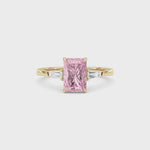Yellow gold Three-Stone Fancy Pink Radiant Cut Diamond Ring with Tapered Baguette Side Stones