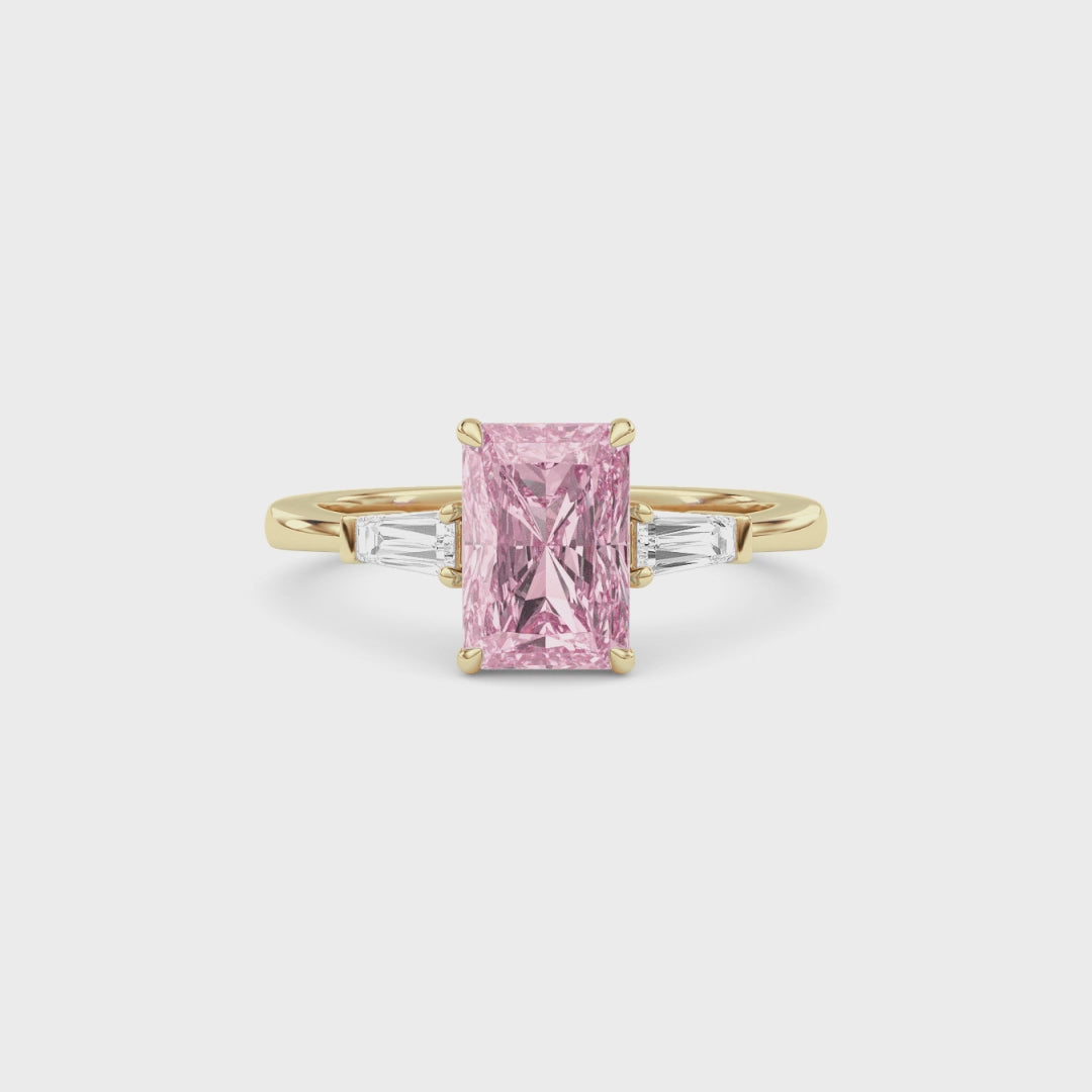 Yellow gold Three-Stone Fancy Pink Radiant Cut Diamond Ring with Tapered Baguette Side Stones