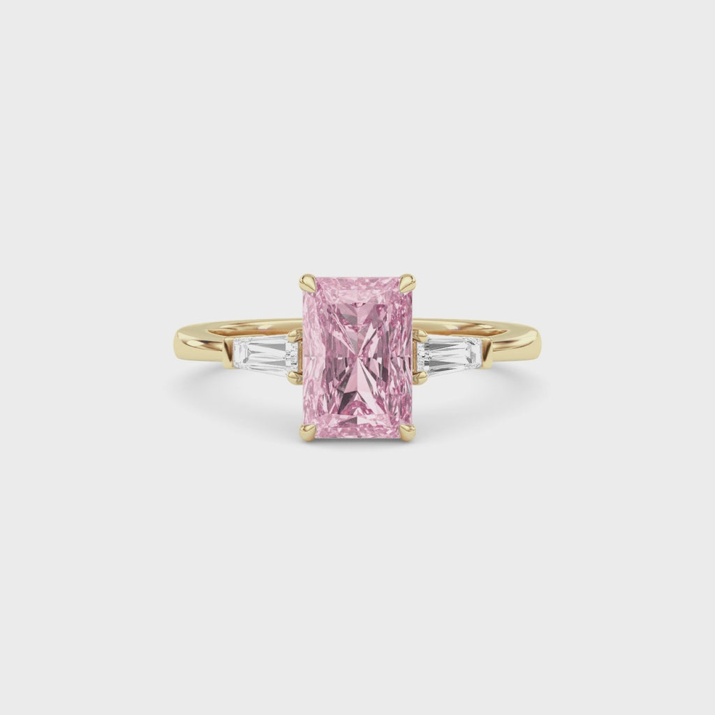 Yellow gold Three-Stone Fancy Pink Radiant Cut Diamond Ring with Tapered Baguette Side Stones