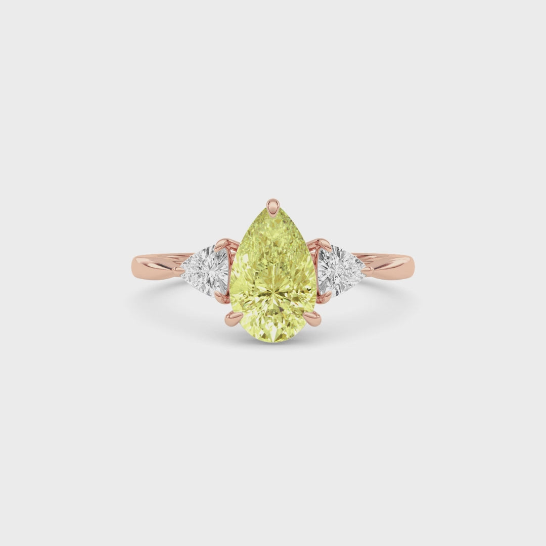 Rose gold Three-Stone Fancy Yellow Pear Cut Diamond Ring with Trillion Side Stones