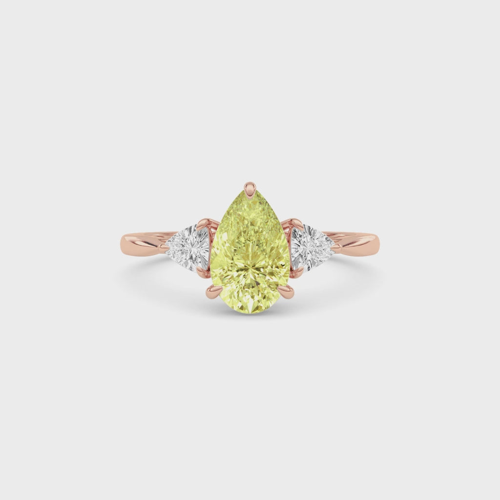 Rose gold Three-Stone Fancy Yellow Pear Cut Diamond Ring with Trillion Side Stones