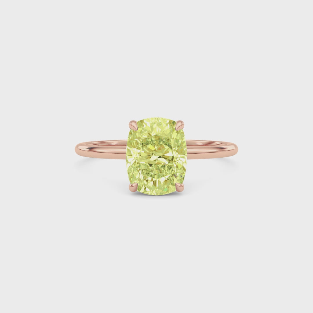 Rose gold Fancy Yellow Cushion Cut Diamond Hidden Halo Solitaire Engagement Ring with Prong Setting