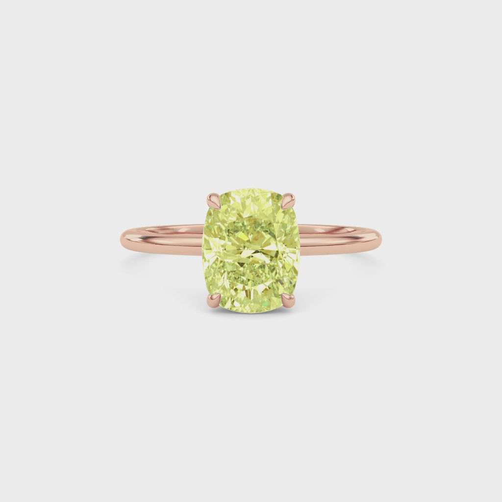 Rose gold Fancy Yellow Cushion Cut Diamond Hidden Halo Solitaire Engagement Ring with Prong Setting
