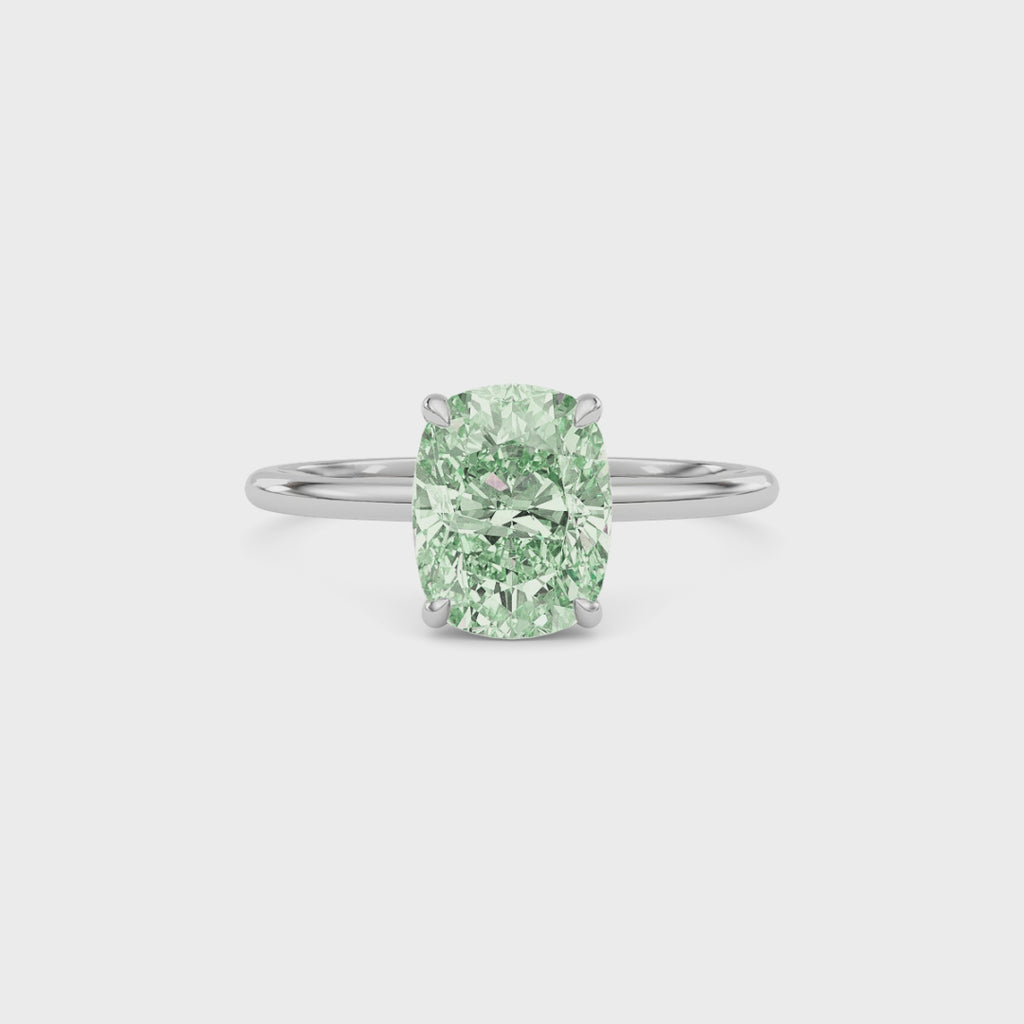 Silver Fancy Green Cushion Cut Diamond Hidden Halo Solitaire Engagement Ring with Prong Setting