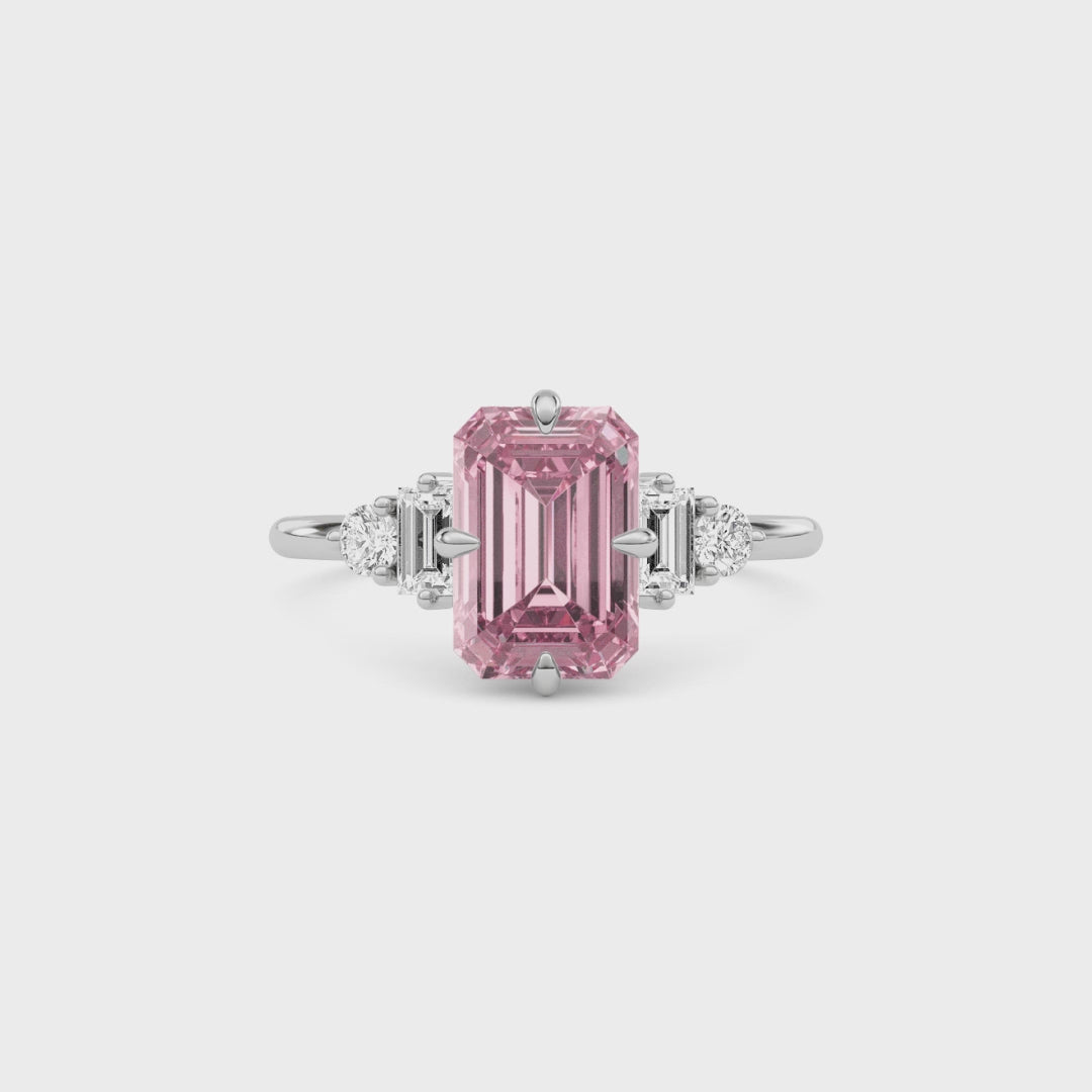 Silver Fancy Pink Emerald Cut Three Stone Diamond Engagement Ring with Tapered Baguette and Round Side Stones