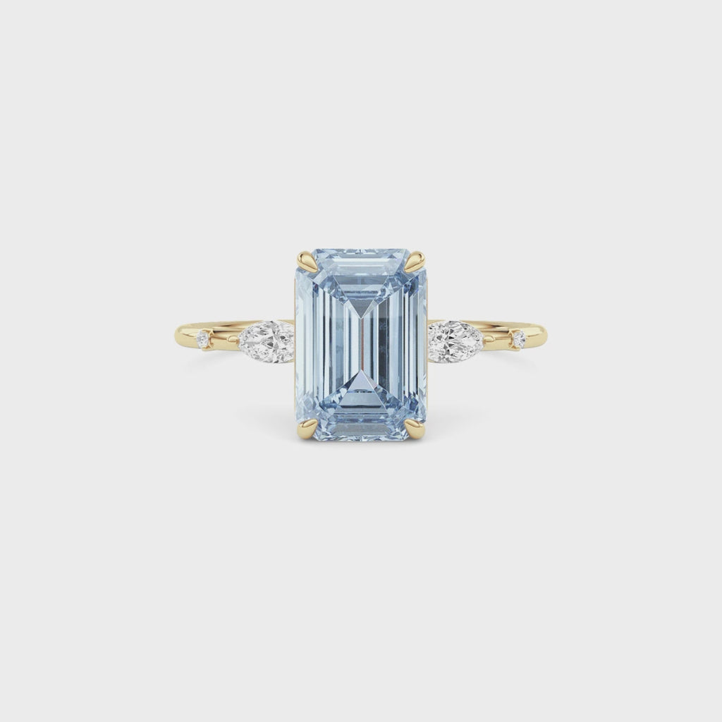 Yellow gold Fancy Blue Emerald Cut Diamond Marquise Side Stone Engagement Ring