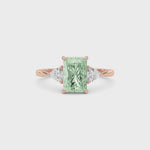 Rose gold Three-Stone Fancy Green Radiant Cut Diamond Ring with Trillion Side Stones