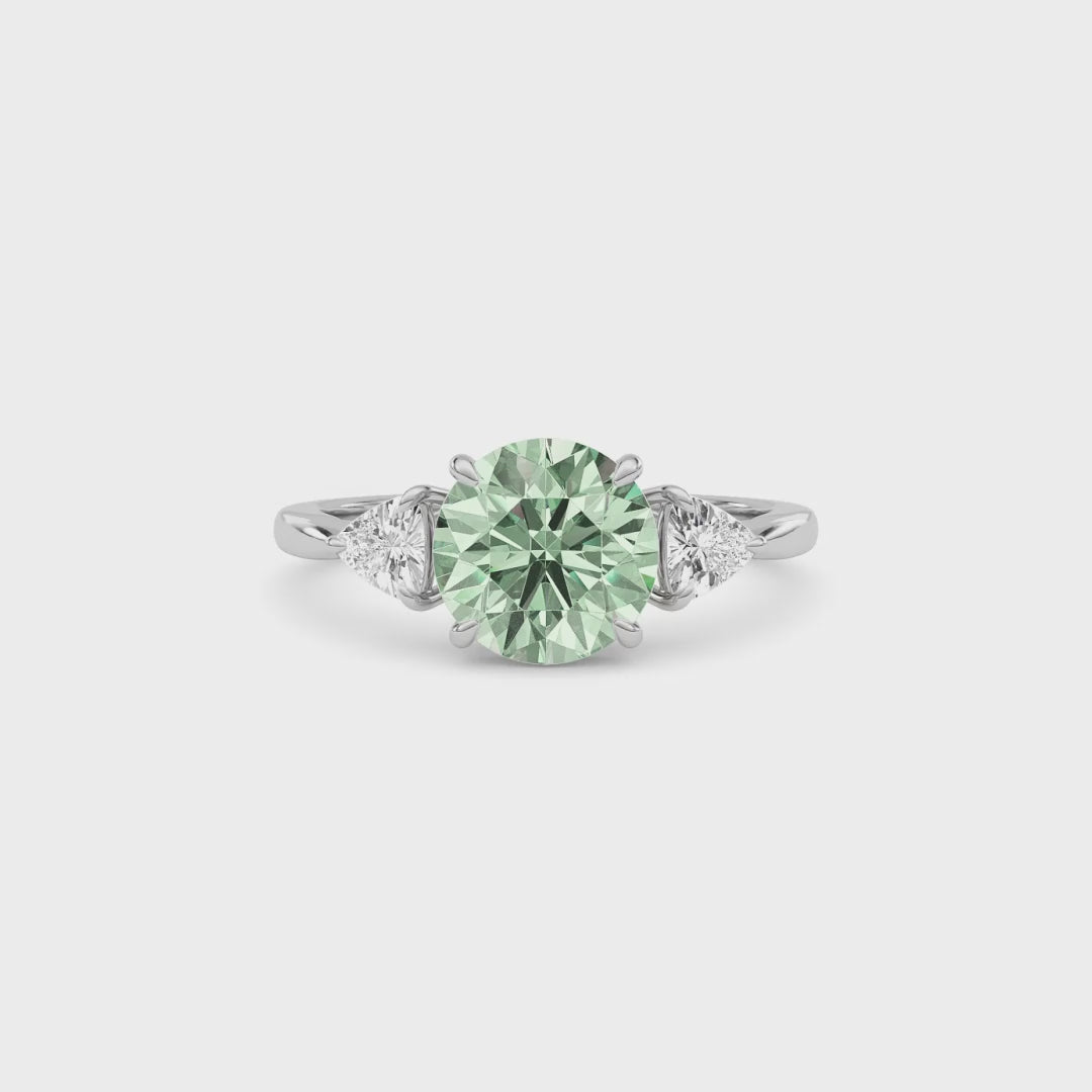 White gold Three-Stone Fancy Green Round Cut Diamond Ring with Trillion Side Stones
