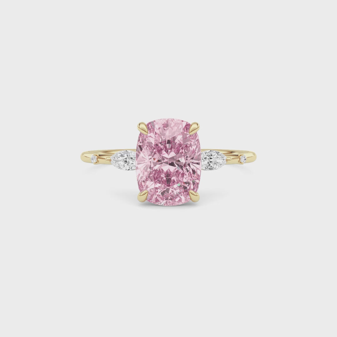 Yellow gold Fancy Pink Cushion Cut Diamond Marquise Side Stone Engagement Ring