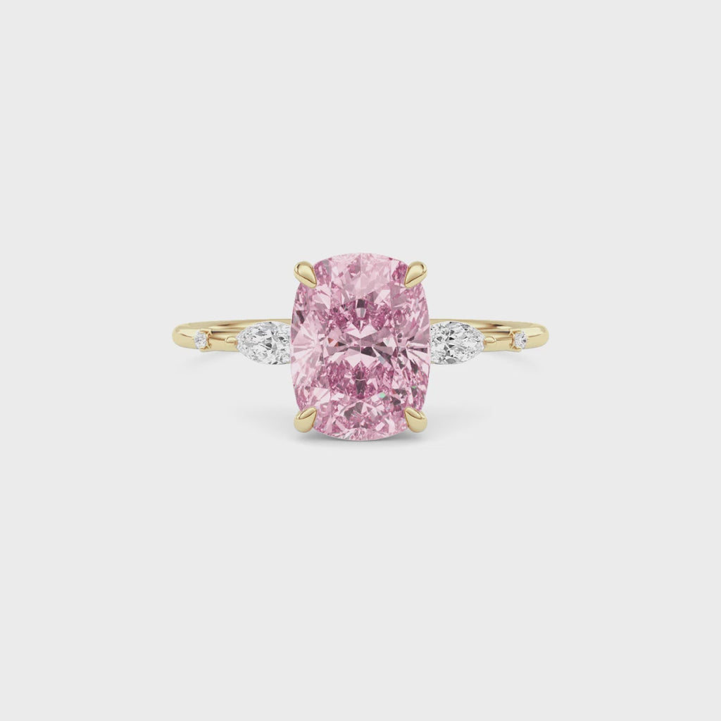 Yellow gold Fancy Pink Cushion Cut Diamond Marquise Side Stone Engagement Ring