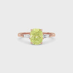 Rose gold Three-Stone Fancy Yellow Cushion Cut Diamond Ring with Tapered Baguette Side Stones
