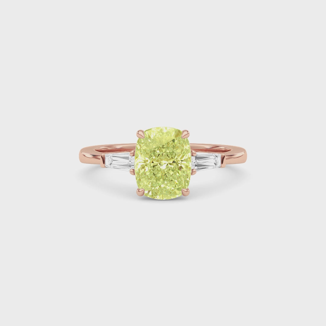 Rose gold Three-Stone Fancy Yellow Cushion Cut Diamond Ring with Tapered Baguette Side Stones