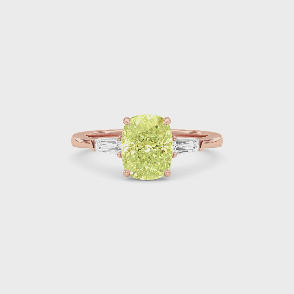 Rose gold Three-Stone Fancy Yellow Cushion Cut Diamond Ring with Tapered Baguette Side Stones