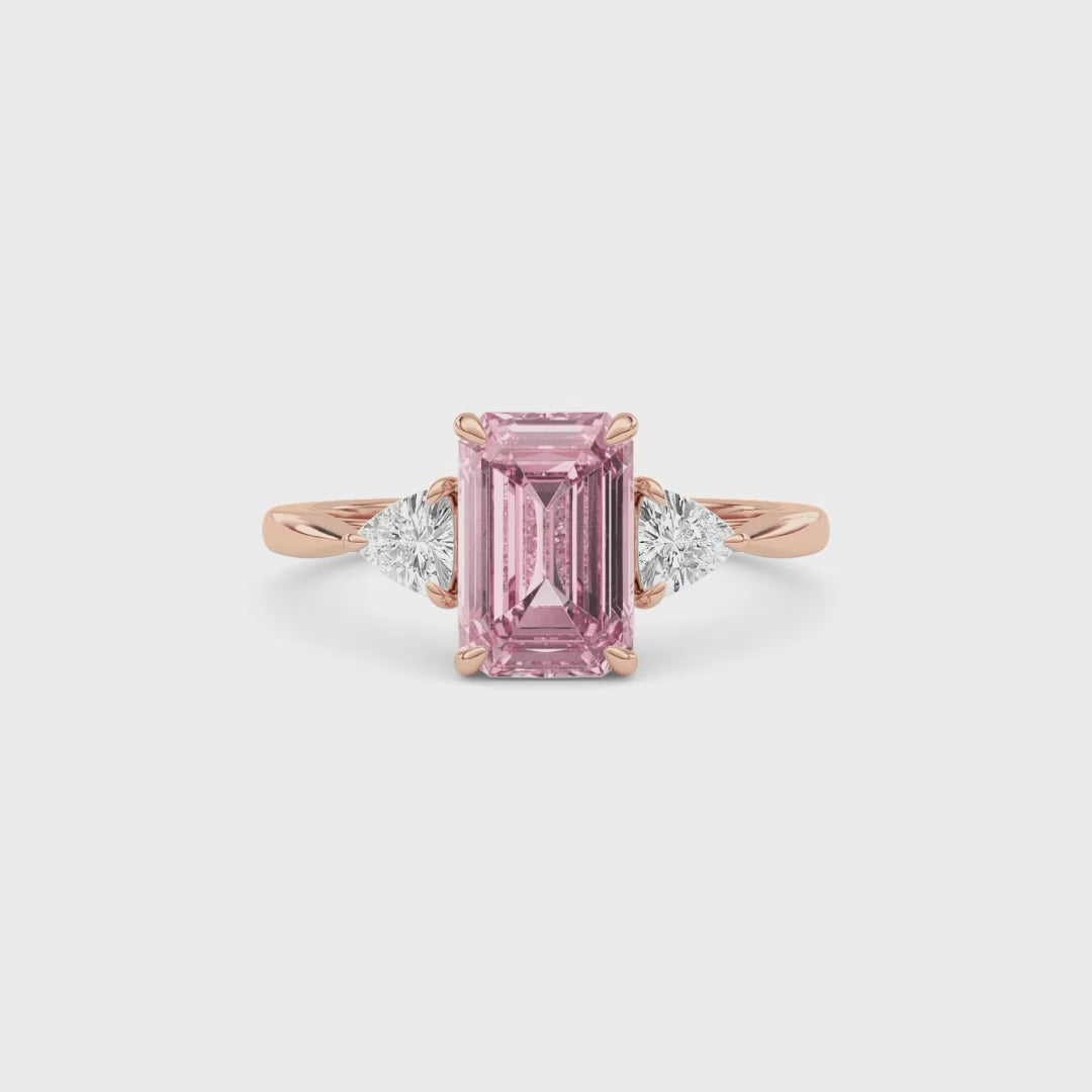 Rose gold Three-Stone Fancy Pink Emerald Cut Diamond Ring with Trillion Side Stones