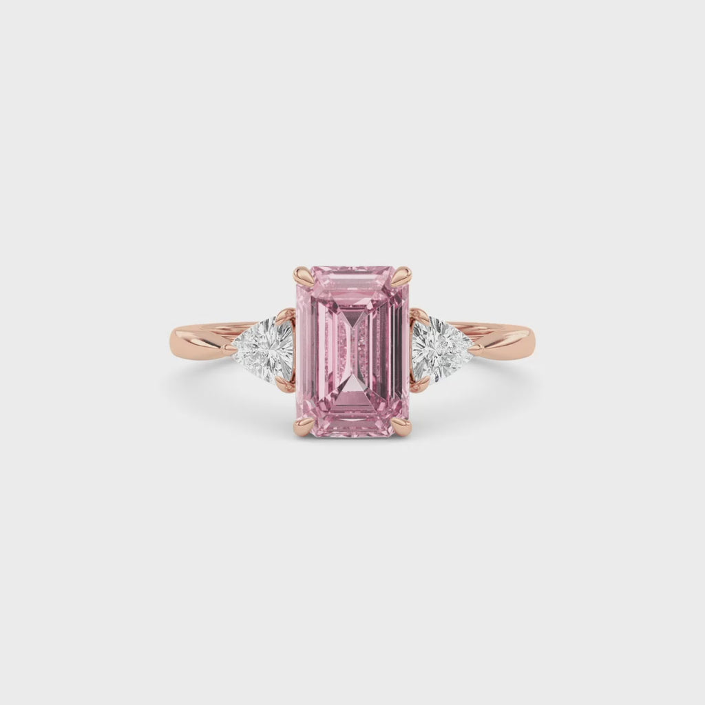 Rose gold Three-Stone Fancy Pink Emerald Cut Diamond Ring with Trillion Side Stones