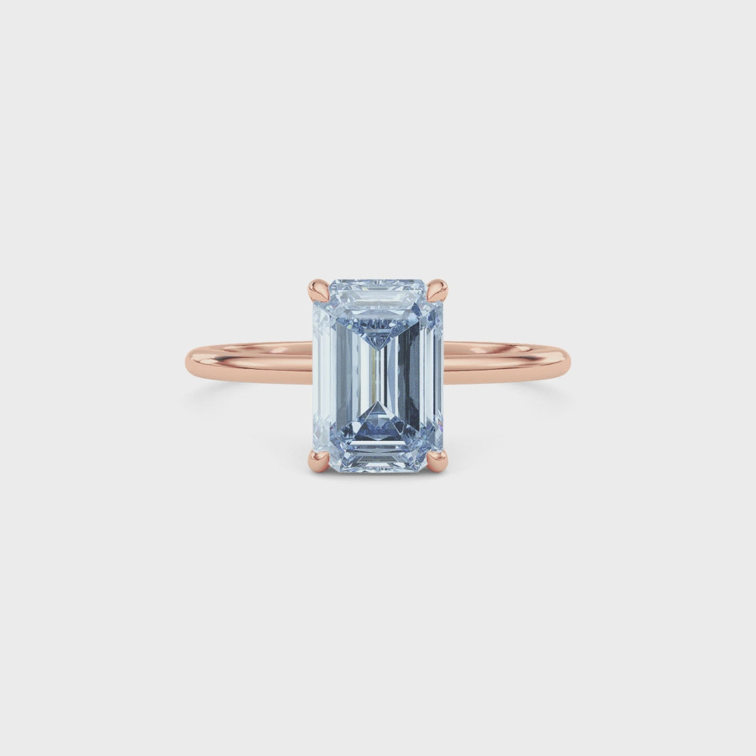 Rose gold Fancy Blue Emerald Cut Diamond Hidden Halo Solitaire Engagement Ring with Prong Setting