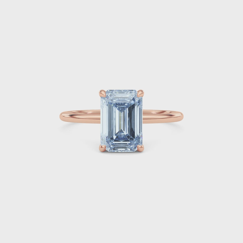 Rose gold Fancy Blue Emerald Cut Diamond Hidden Halo Solitaire Engagement Ring with Prong Setting