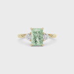 Yellow gold Three-Stone Fancy Green Radiant Cut Diamond Ring with Trillion Side Stones