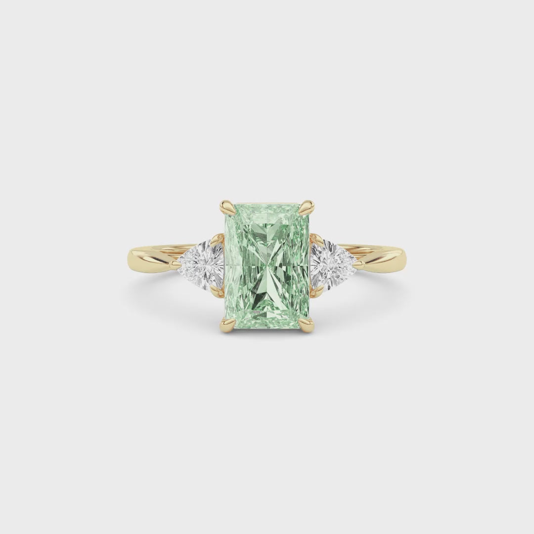 Yellow gold Three-Stone Fancy Green Radiant Cut Diamond Ring with Trillion Side Stones