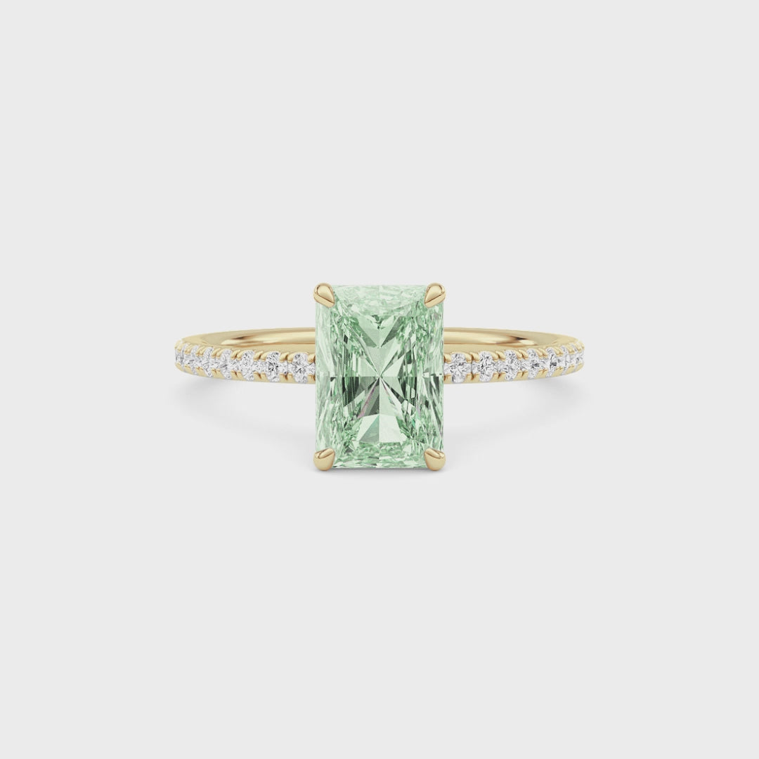 Yellow gold Fancy Green Radiant Cut Diamond Solitaire with Pavé Band