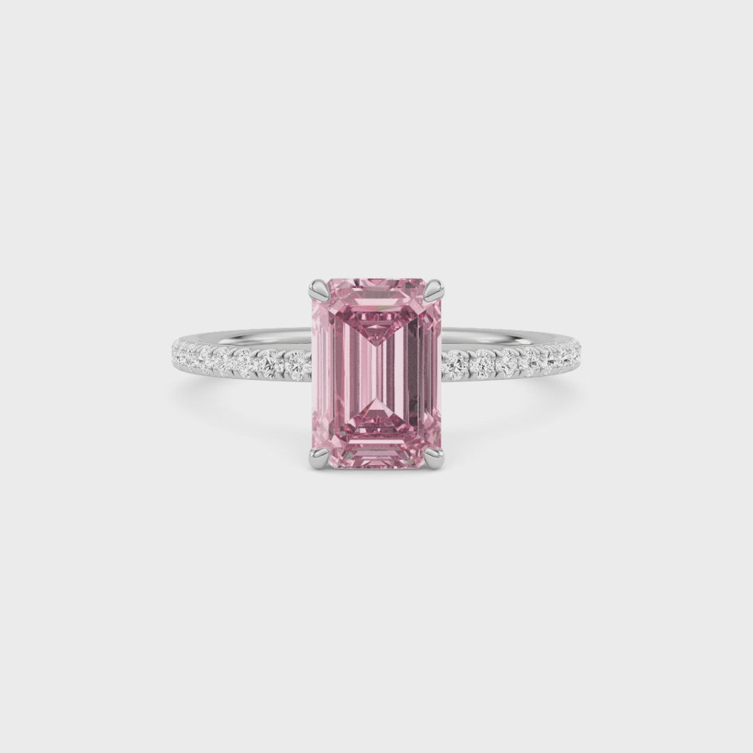 White gold Fancy Pink Emerald Cut Diamond Solitaire with Pavé Band