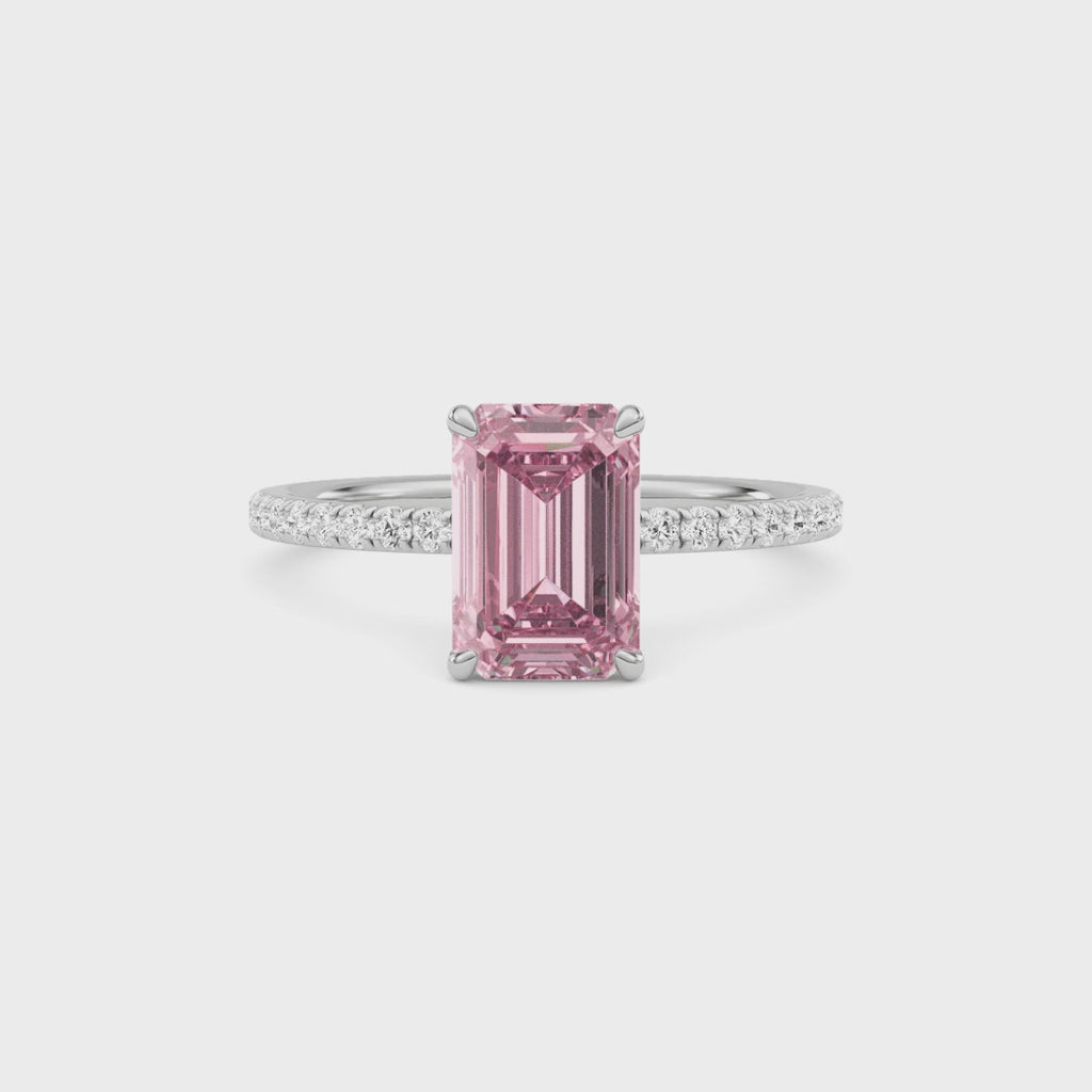 White gold Fancy Pink Emerald Cut Diamond Solitaire with Pavé Band