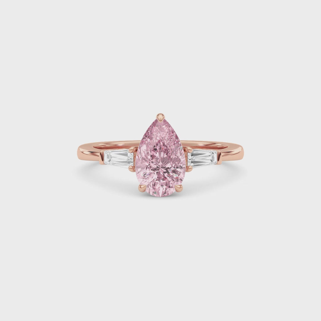 Rose gold Three-Stone Fancy Pink Pear Cut Diamond Ring with Tapered Baguette Side Stones