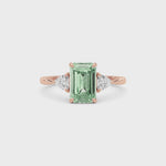 Rose gold Three-Stone Fancy Green Emerald Cut Diamond Ring with Trillion Side Stones