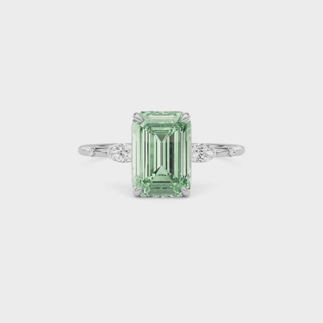 Silver Fancy Green Emerald Cut Diamond Marquise Side Stone Engagement Ring
