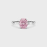 Silver Three-Stone Fancy Pink Cushion Cut Diamond Ring with Tapered Baguette Side Stones